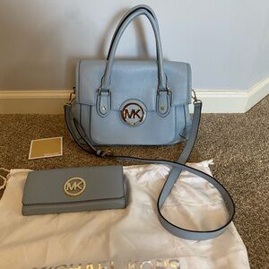 Michael Kors Light Blue Leather Satchel & Wallet Set